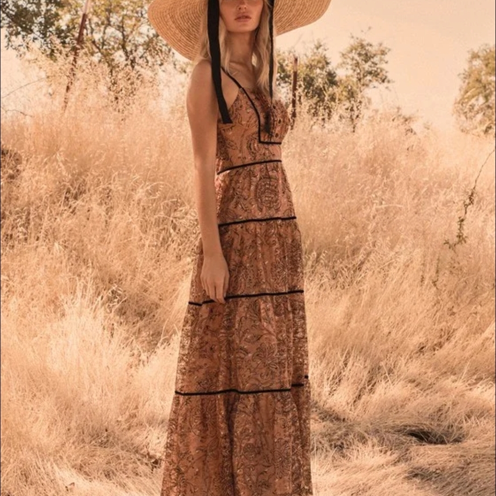 Floral Tiered Maxi Dress in Rust with Black Trim